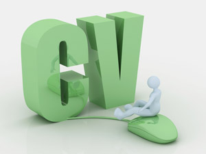 Giant CV lettering with tiny man sat on pc mouse