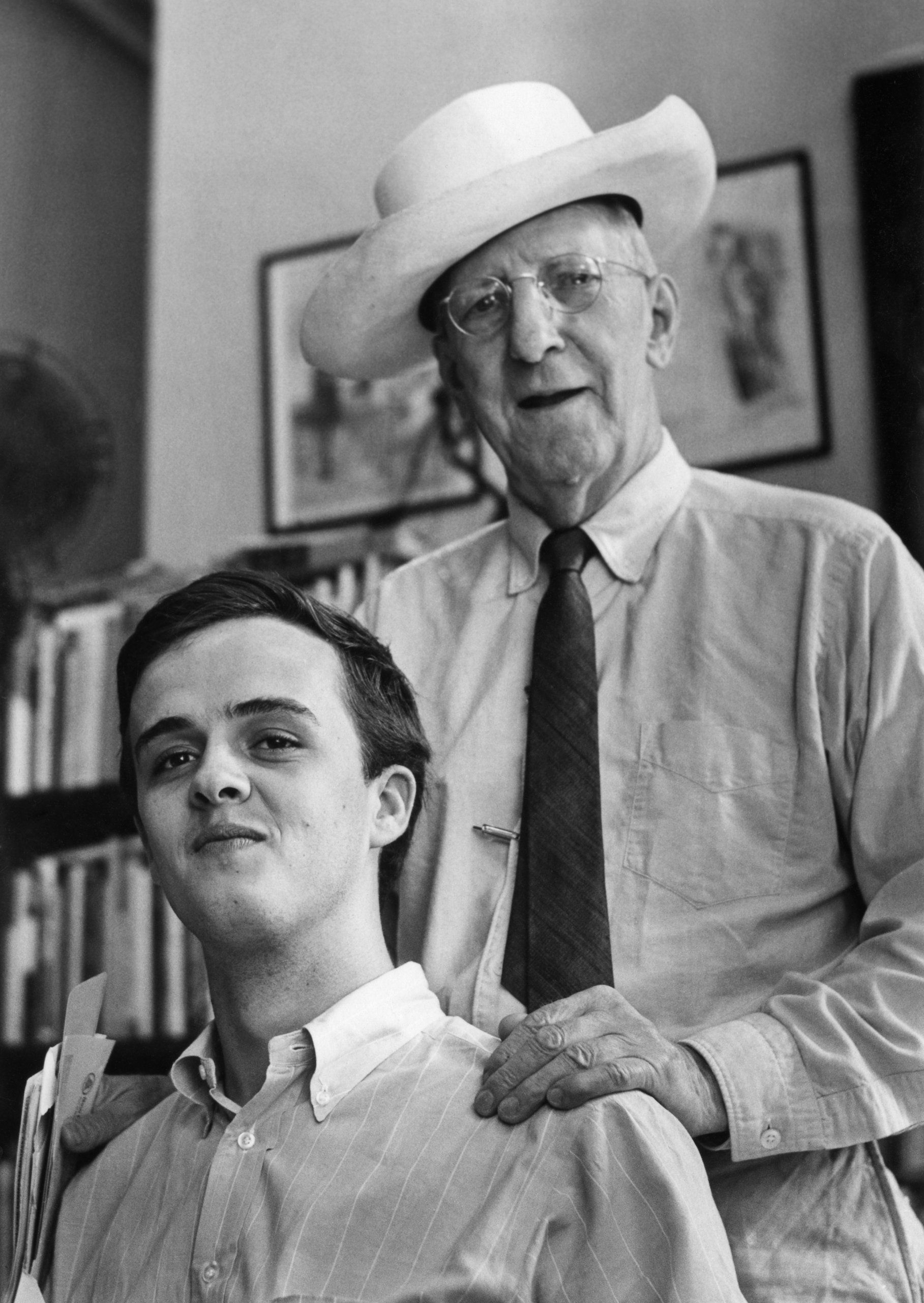 James Tate (left), Pulitzer Prize winner (1992) and MFA graduate of Iowa University , at the Grolier Book Store in 1965 with the owner, Gordon Cairnie. Photo by Elsa Dorfman.