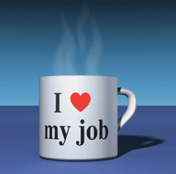 coffee mug with 'i love my job' on front